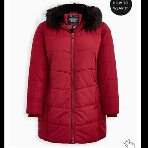 TORRID FIT & FLARE PUFFER JACKET - DEEP RED WITH BLACK TRIM NWT